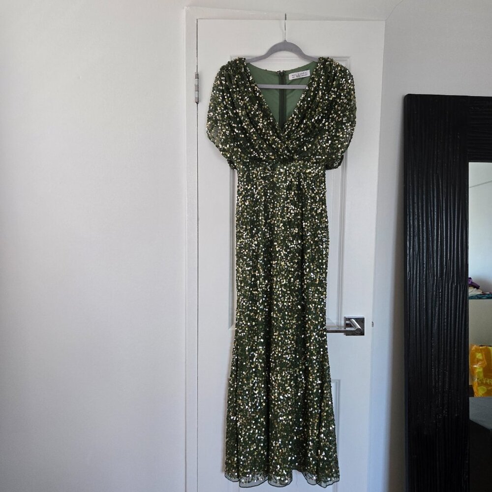 MAC DUGGAL Green Sequin Draped Dress, US size 2 - Picture 4 of 13